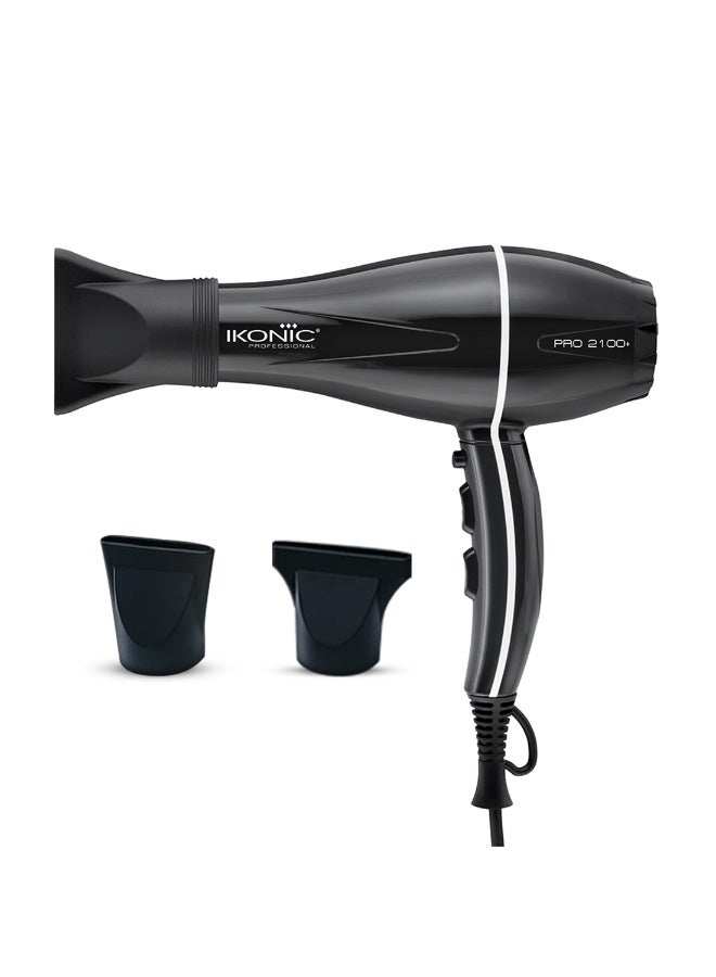 أي كونيك مجفف شعر إيكونيك بروفيشنال برو 2100+، أسود، بقوة 2000 واط، محرك قوي، 3 إعدادات حرارة و2 إعدادات سرعة مع زر هواء بارد، وظيفة تشغيل منخفض الضوضاء، فوهتان قابلتان للتبديل، حماية من ارتفاع درجة الحرارة، سلك بطول 10 أقدام، مناسب للنساء والرجال، لجميع أنواع الشعر - Image 1